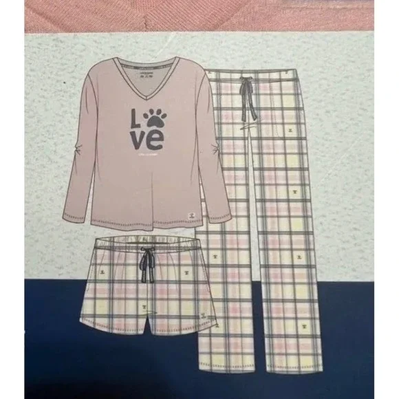Life Is Good Sleep Pajama Set Womens 2XL Pink LOVE Paw Print 3-Piece - Picture 3 of 10